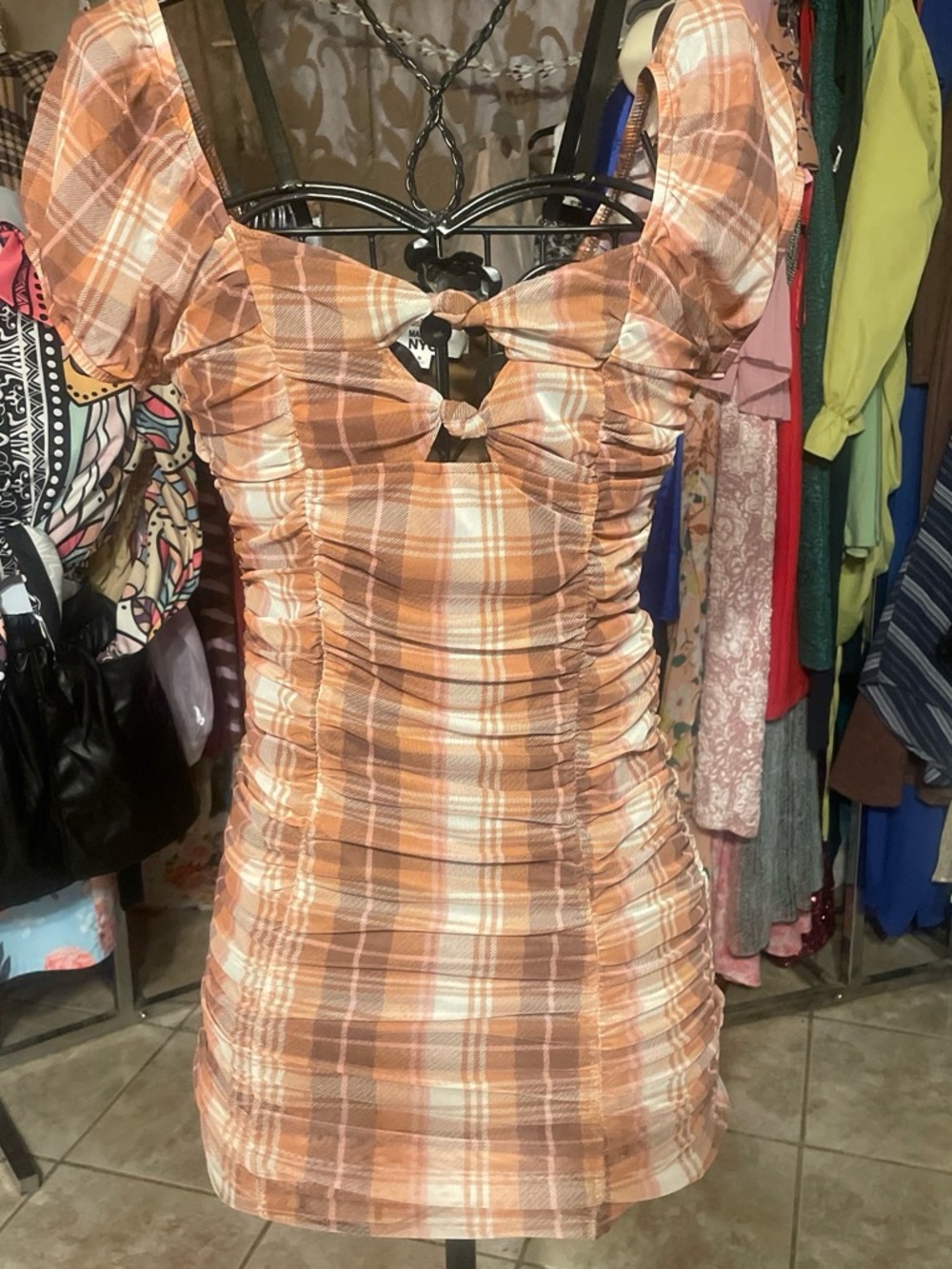 Ruched Plaid Mini Dress in Warm Orange